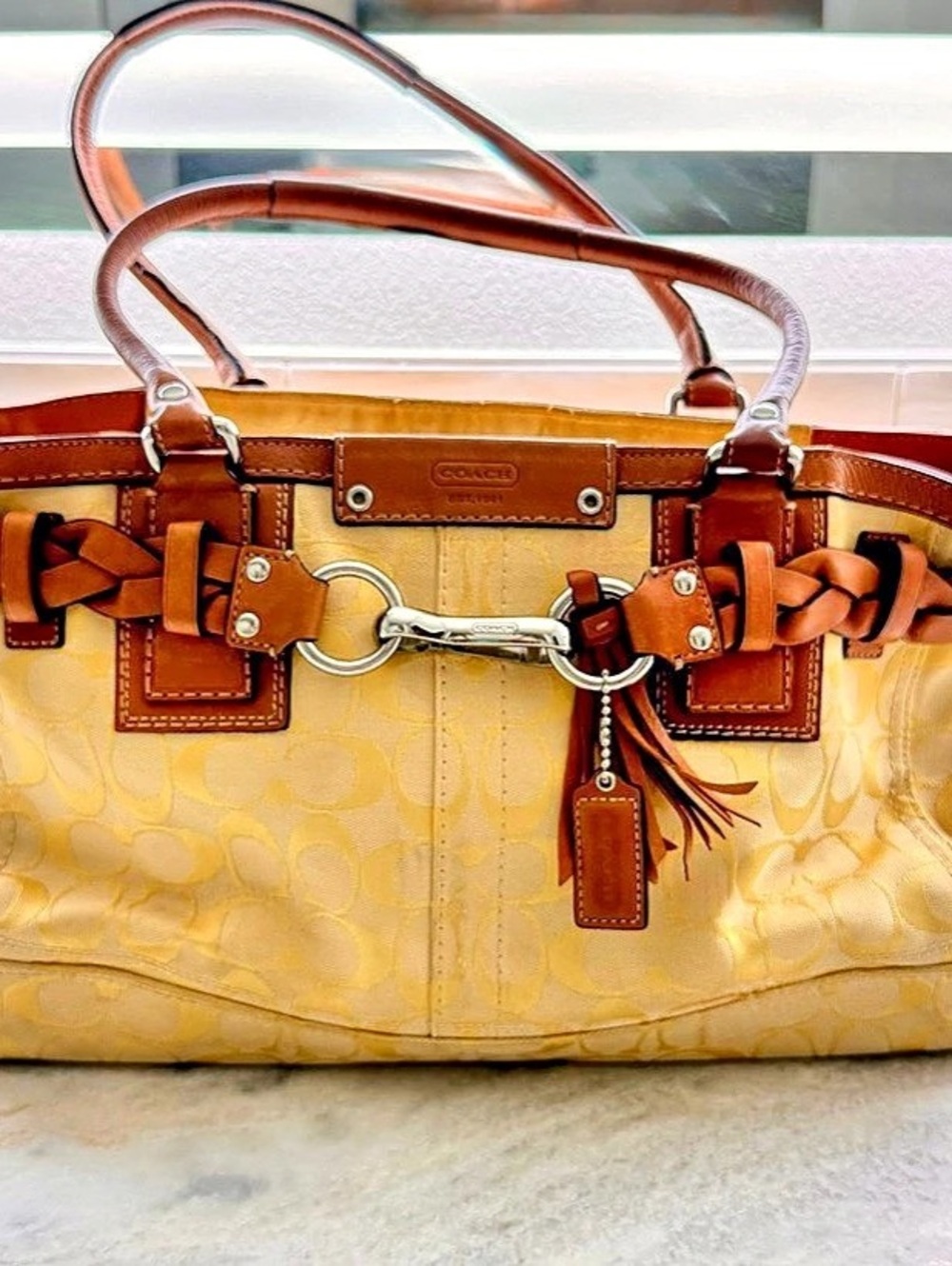 Coach Hamptons Signature Carryall Tote Shoulder Bag Yellow & Brown